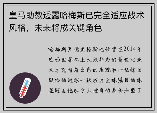 皇马助教透露哈梅斯已完全适应战术风格，未来将成关键角色